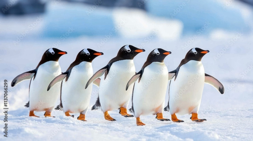 Fototapeta premium Four Gentoo penguins walking in single file on snow with icebergs in background.