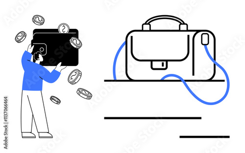 Businessman holding giant wallet with coins flying out, next to a briefcase connected by a cable. Ideal for finance, investments, savings, business, digital payments, economic growth, security. Line