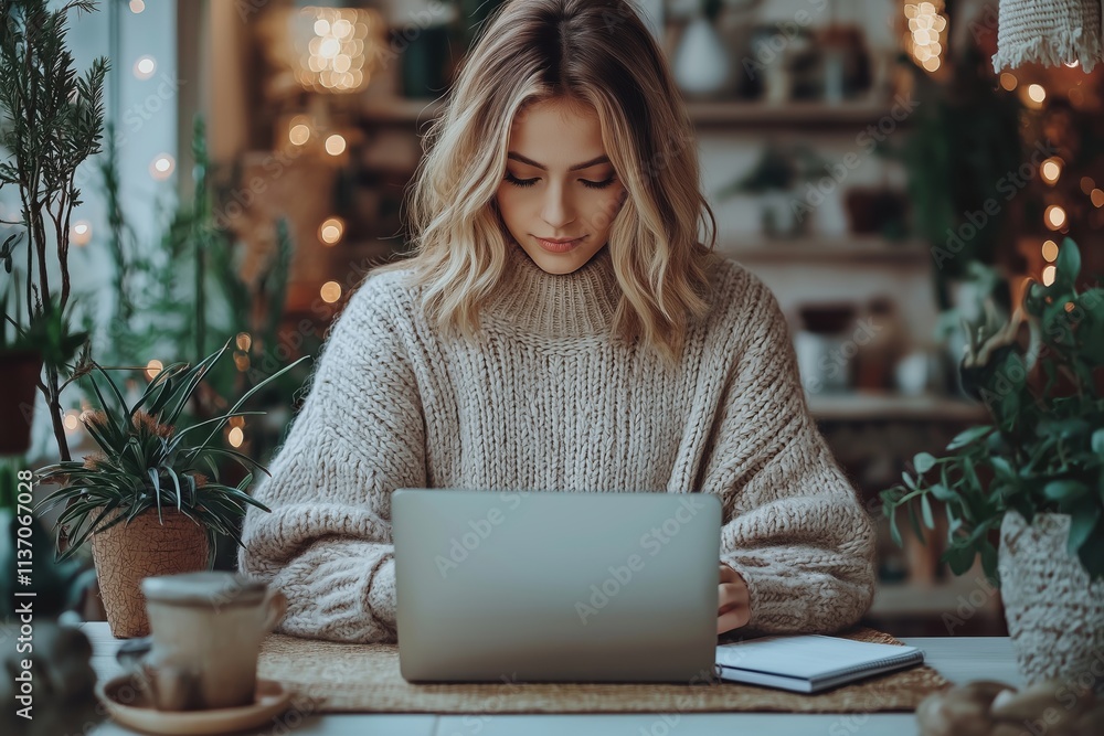 Young professional focused on work while enjoying coffee in a bright home office with plants and minimalist decor Young professional focused on work while enjoying coffee in a bright home office with plants and minimalist decor