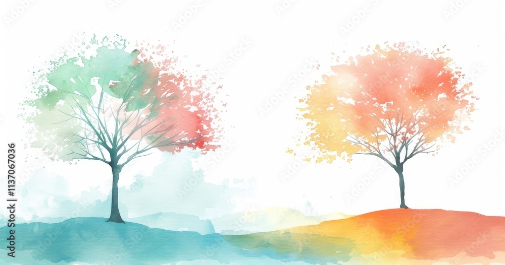 A watercolor illustration of two trees in different colors, symbolizing seasons or change. A watercolor illustration of two trees in different colors, symbolizing seasons or change.