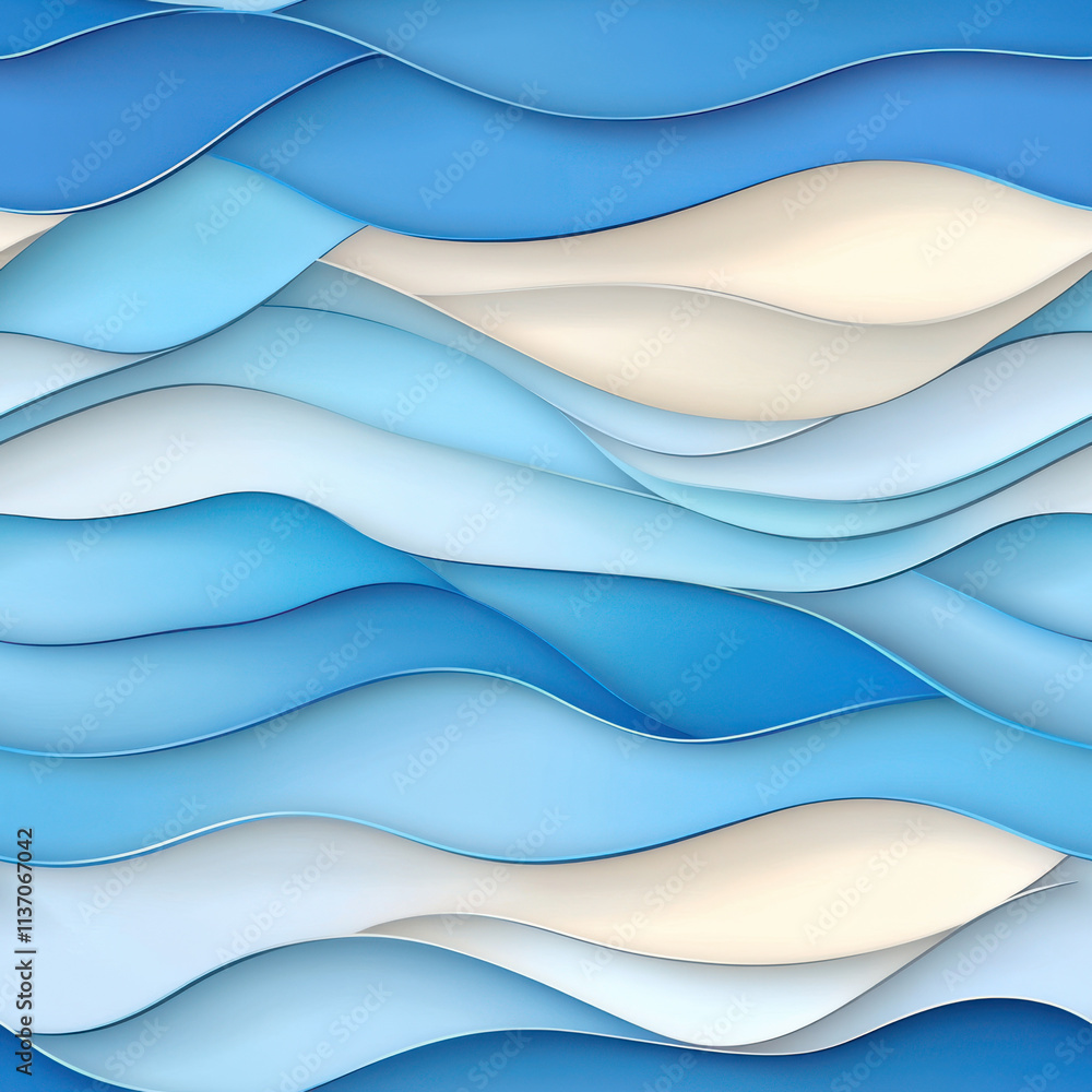 Fototapeta premium Wavy blue and white abstract pattern with layered textures creating serene oceanic feel. This design evokes calmness and tranquility, perfect for various creative projects