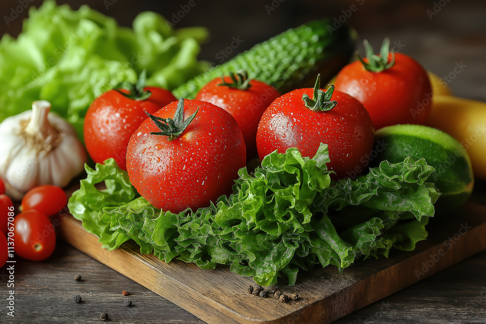 Fresh vegetables arranged on a rustic kitchen countertop highlighting vibrant colors and textures in a cozy cooking space Fresh vegetables arranged on a rustic kitchen countertop highlighting vibrant colors and textures in a cozy cooking space
