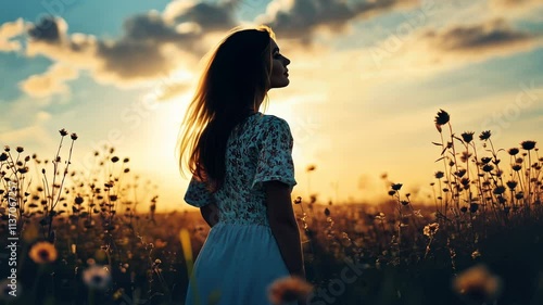 Silhouetted woman in a floral dress stands in a field of wildflowers at sunset.