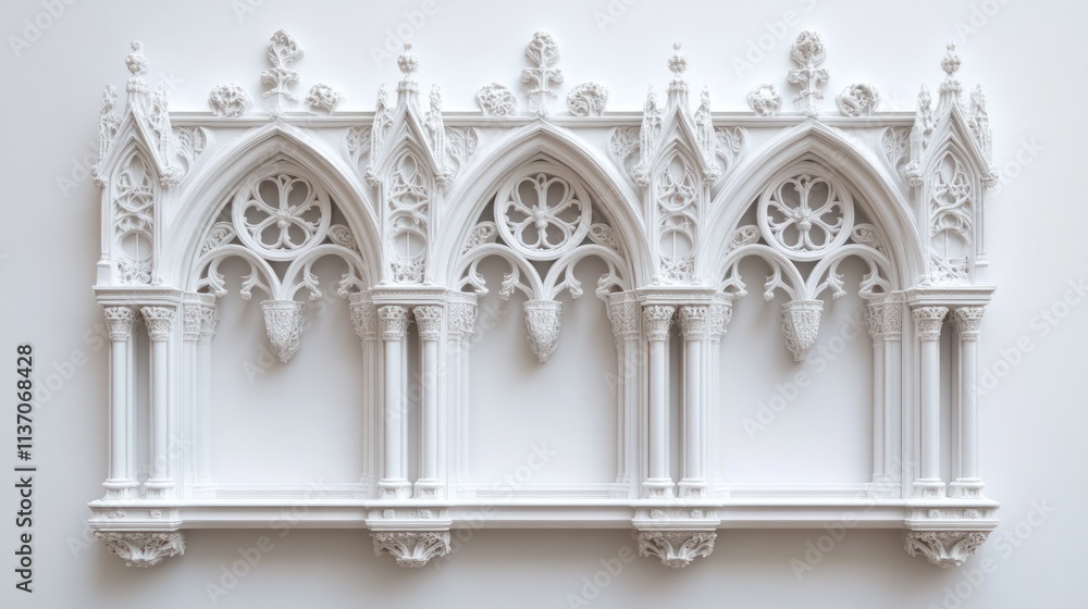 Fototapeta premium White Gothic architectural detail, three arched panels, ornate carvings.