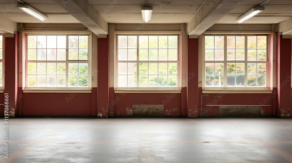 Fototapeta premium Empty Room with Large Windows and Red Walls