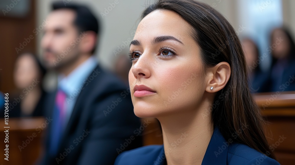 Fototapeta premium Thoughtful Latina woman attentively listening during a courtroom session.
