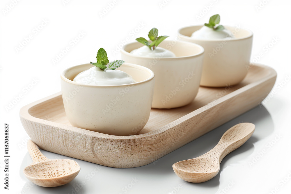 Three small bowls with yogurt on wooden tray and wooden spoons, isolated on white background. Three small bowls with yogurt on wooden tray and wooden spoons, isolated on white background.