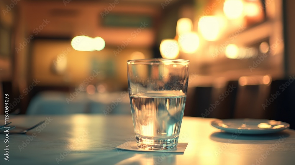 Glass of Water on Table in Dimly Lit Restaurant Interior Glass of Water on Table in Dimly Lit Restaurant Interior