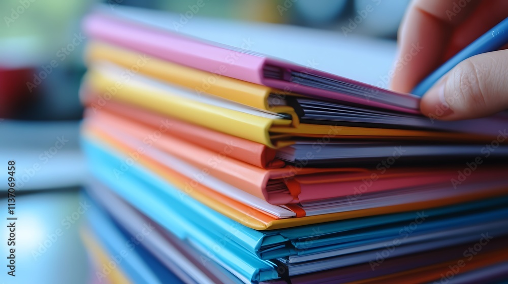 A stack of writing goals planners in different colors, with a close-up shot of a hand flipping through the pages, showcasing the various sections and planning tools inside A stack of writing goals planners in different colors, with a close-up shot of a hand flipping through the pages, showcasing the various sections and planning tools inside