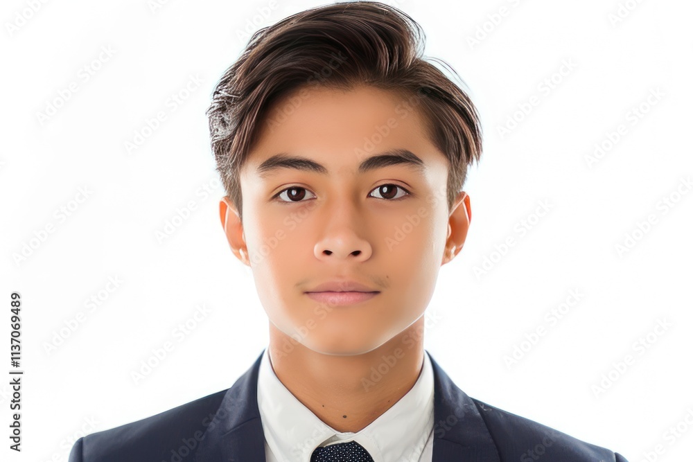 Portrait of a young Asian man in a suit, looking directly at the camera against a white background. Portrait of a young Asian man in a suit, looking directly at the camera against a white background.