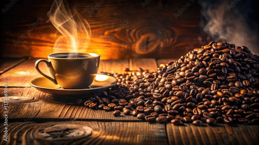 Obraz premium Rich espresso beans, vintage cup, dark woodâ€”a retro coffee scene perfectly captured.