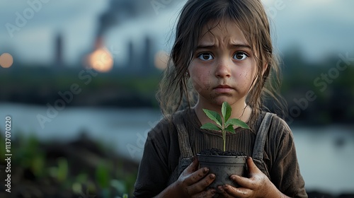 A sad girl holding a small plant, symbolizing hope amid industrial pollution and environmental decay.