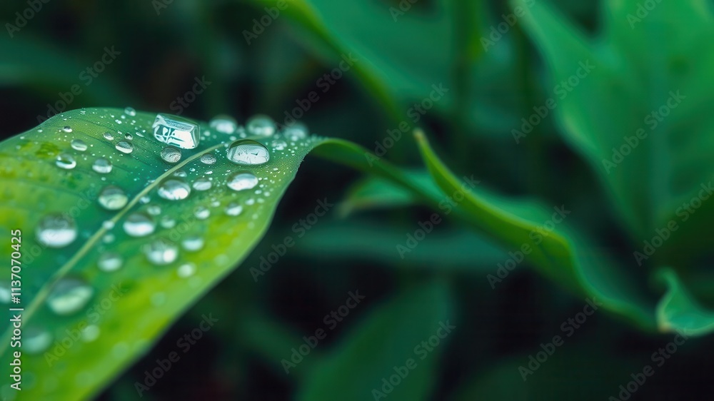 Vibrant green leaf with dew drops in a tranquil setting, ecology, green, leaf Vibrant green leaf with dew drops in a tranquil setting, ecology, green, leaf