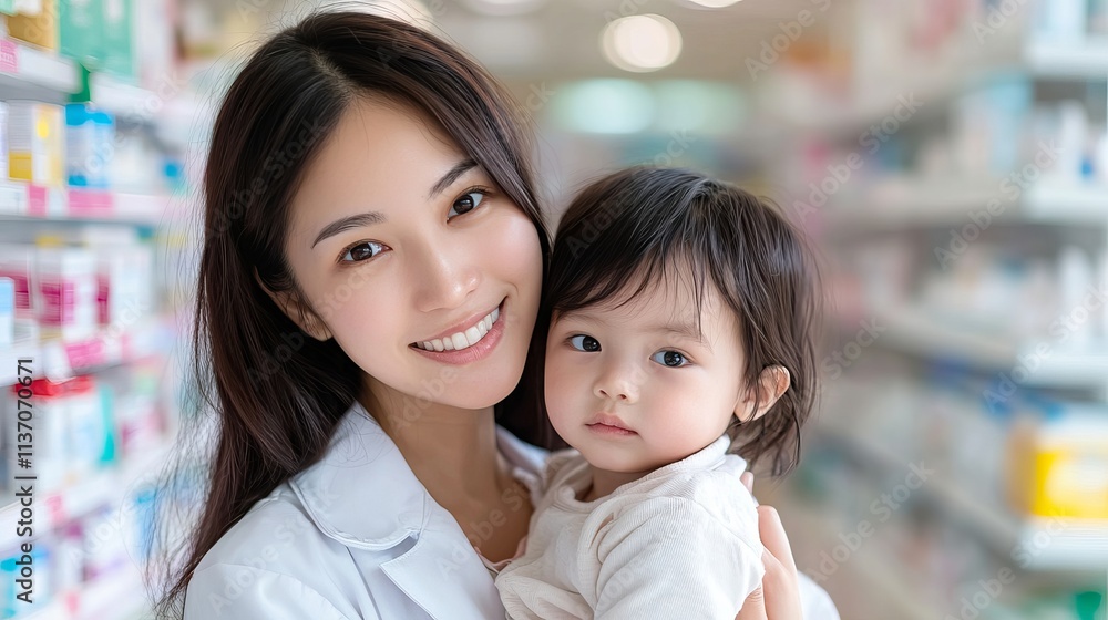 Smiling Asian woman in a lab coat holding a child in a bright pharmacy setting. Smiling Asian woman in a lab coat holding a child in a bright pharmacy setting.