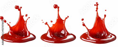 Three Red Liquid Splashes Isolated on White Background, Dynamic 3D Render of  Vibrant Color