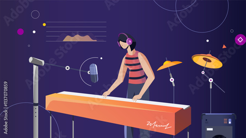 Female Musician Playing Keyboard in Modern Studio with Vibrant Abstract Design