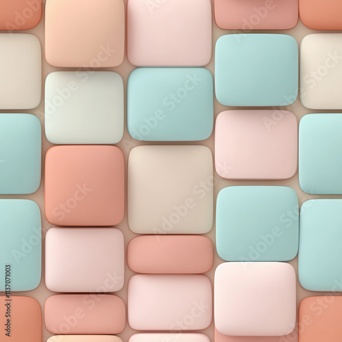 Soft pastel colors create seamless pattern of rounded square tiles, perfect for modern design. This aesthetic adds calming touch to any space