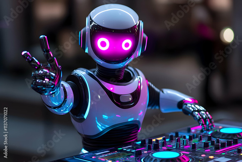 Neon Robot DJ Mixing Music at Night