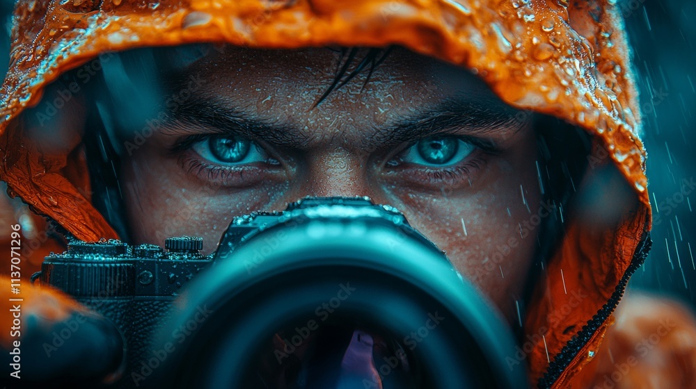 Close-up of a photographer in an orange jacket with glowing eyes Close-up of a photographer in an orange jacket with glowing eyes