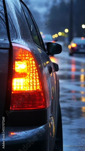 City streets illuminated by rain-soaked reflections from vehicles driving in twilight conditions