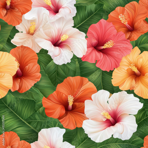 Vibrant hibiscus flowers in various colors, surrounded by lush green leaves, create tropical and lively atmosphere. Perfect for summer themed designs photo