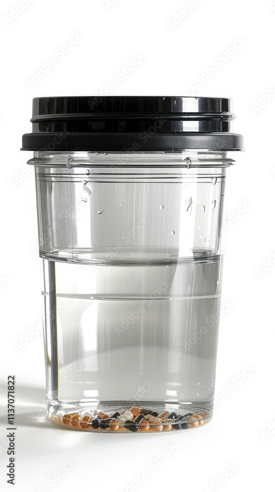 A transparent cup filled with water and small objects at the bottom. A transparent cup filled with water and small objects at the bottom.