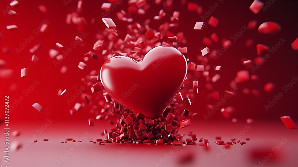 A glossy red heart surrounded by scattered fragments, symbolizing love, passion, and emotional intensity A glossy red heart surrounded by scattered fragments, symbolizing love, passion, and emotional intensity