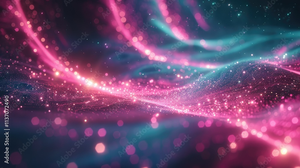 Fototapeta premium A vibrant abstract depiction of flowing light and particles in pink and blue hues.