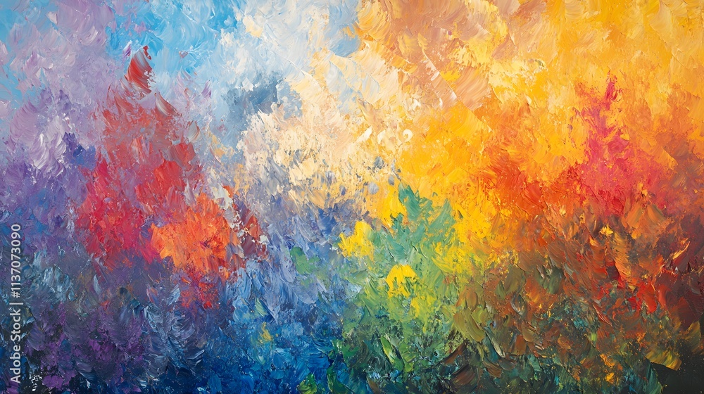 Vivid abstract oil painting with gradient of warm yellow, orange, and red blending into cool blue and purple tones, textured brush strokes, artistic background Vivid abstract oil painting with gradient of warm yellow, orange, and red blending into cool blue and purple tones, textured brush strokes, artistic background
