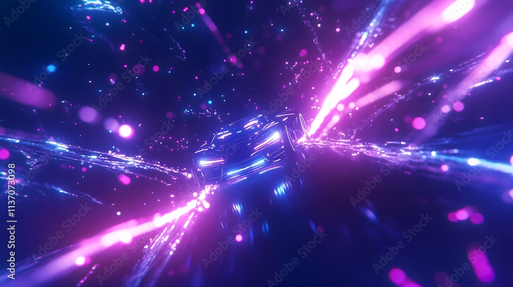 Obraz premium High-speed futuristic car racing through vibrant neon light beams in dark digital cyber environment, glowing pink and blue streaks, futuristic motion concept