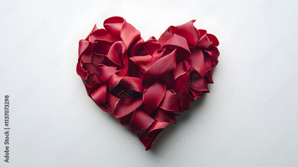 Obraz premium Textured red fabric heart crafted with ribbon layers on a white backdrop, symbolizing love, romance, and Valentine's Day with minimalist elegance