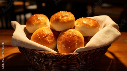 A photo of a basket of warm crusty dinner rolls.