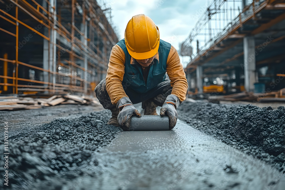 Construction Worker Smooths Wet Concrete Construction Worker Smooths Wet Concrete