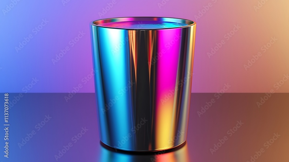 Iridescent metallic cylinder on reflective surface with colorful background. Iridescent metallic cylinder on reflective surface with colorful background.