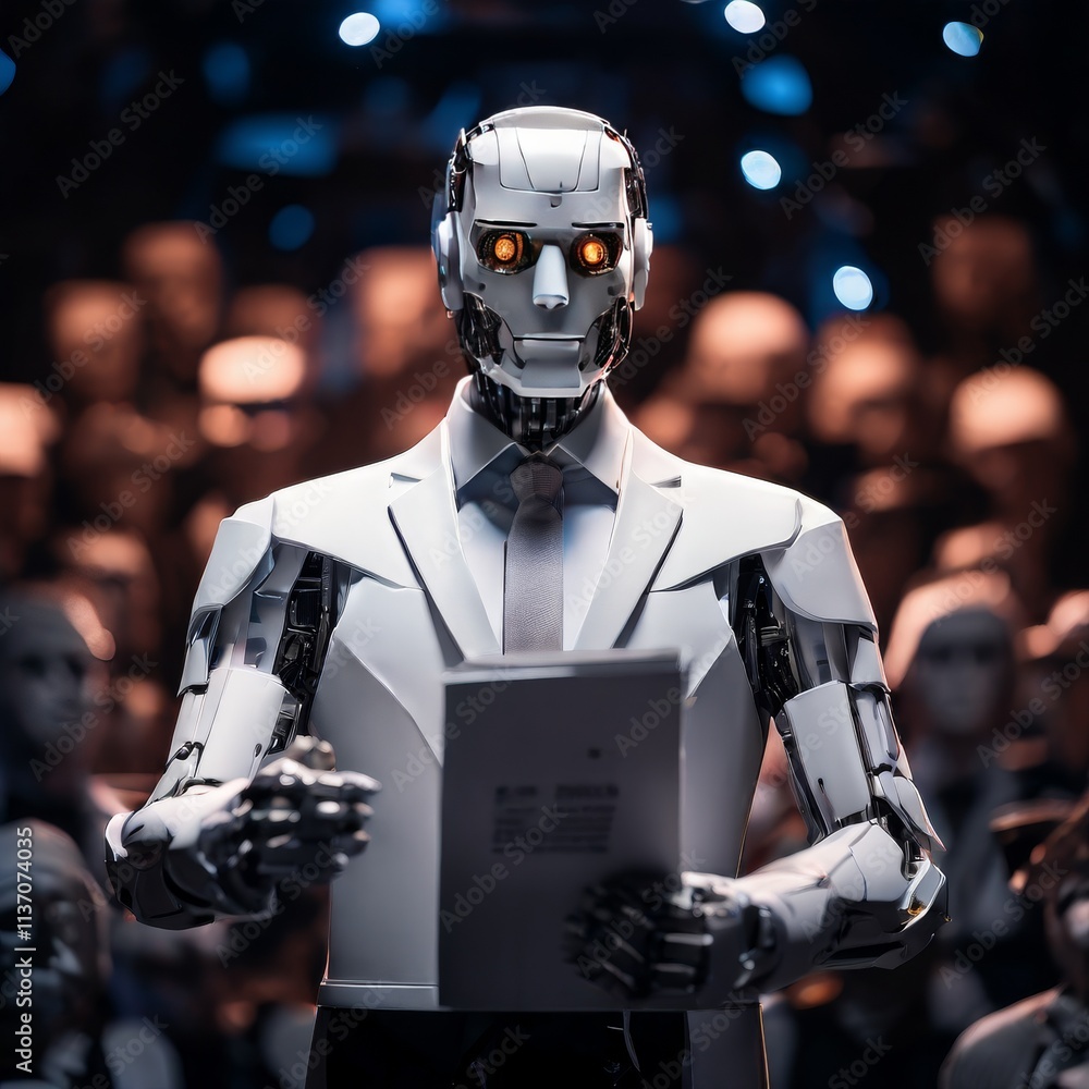 A sleek humanoid robot stands in a suit, delivering a speech to a large audience. The dimly lit atmosphere and glowing orange eyes add a sense of intrigue and intelligence, making this scene perfect A sleek humanoid robot stands in a suit, delivering a speech to a large audience. The dimly lit atmosphere and glowing orange eyes add a sense of intrigue and intelligence, making this scene perfect
