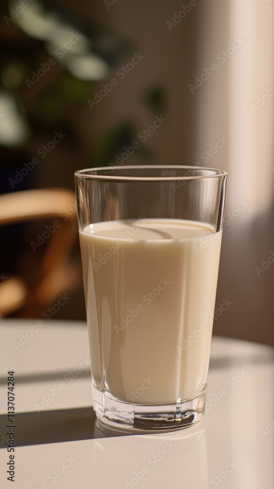 Refreshing Glass of Plain Milk on a White Table Against a Bright Background for a Healthy Lifestyle Refreshing Glass of Plain Milk on a White Table Against a Bright Background for a Healthy Lifestyle