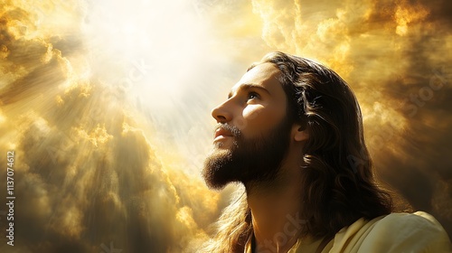 Jesus Christ looks upward towards heavenly light