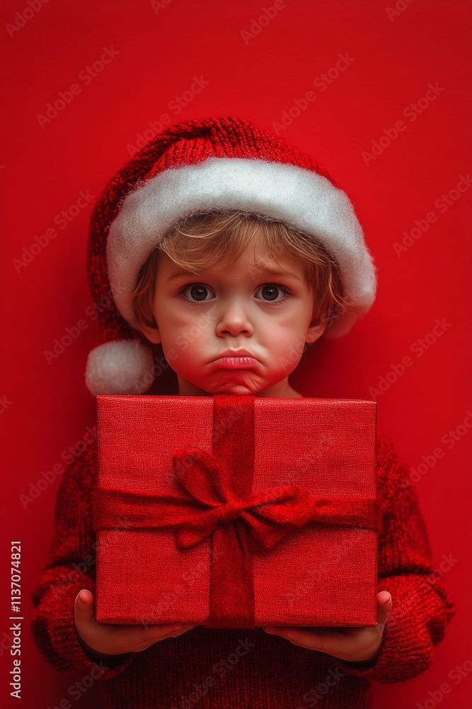 Yuletide commercial concept art picture for billboard and social apps use. Child boy sad in a red santa cap, with wrapped box. Christmas greetings ad. Holiday gift boxes. Gift box themes. Yuletide commercial concept art picture for billboard and social apps use. Child boy sad in a red santa cap, with wrapped box. Christmas greetings ad. Holiday gift boxes. Gift box themes.