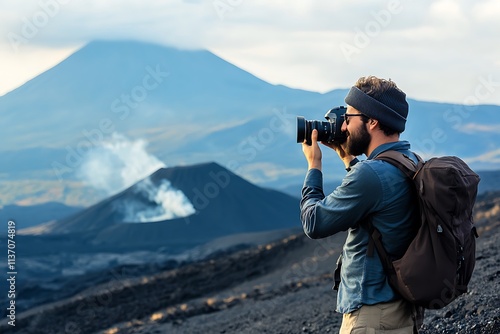 Wallpaper Mural Photographer taking photos of a smoking volcano in a scenic landscape Torontodigital.ca