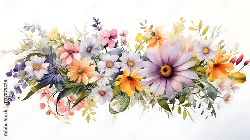 Fototapeta premium Watercolor floral arrangement with various flowers and foliage, isolated on white background.