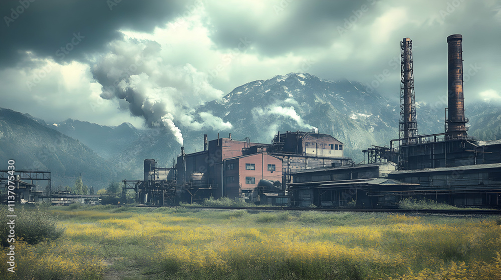 Fototapeta premium Industrial Complex Emits Smoke Against Mountainous Landscape
