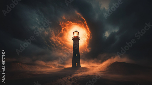 A towering lighthouse in a dark desert storm, its dim glow barely illuminating the swirling chaos.