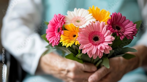 An elderly woman holds a vibrant bouquet of gerbera daisies, showcasing a mix of pink, yellow, and orange blooms.