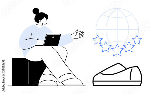 Woman using a laptop while evaluating shoe quality, visualized with stars and a globe. Ideal for e-commerce, customer feedback, product review, online shopping, digital marketing, business analysis