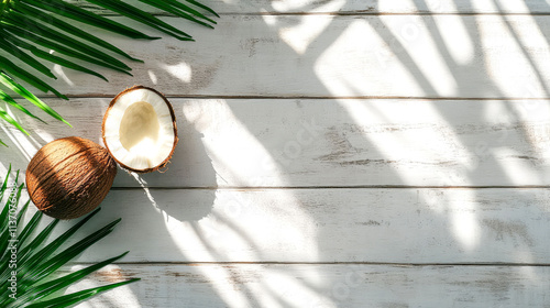 Tropical coconuts on white wood.
