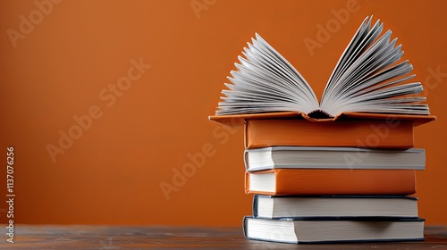 A stack of books with an open book on top against an orange background. photo