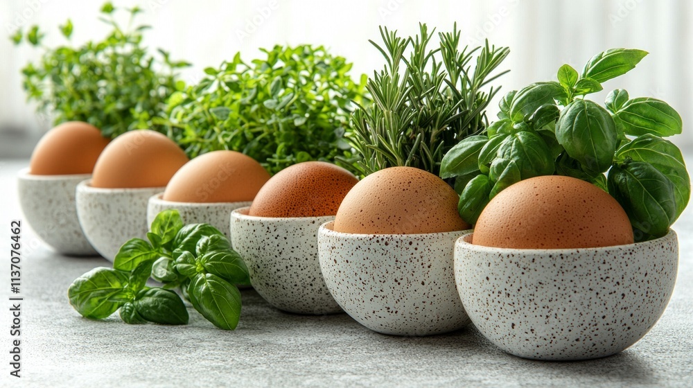 captivating still life arrangement showcases eggshells nestled alongside vibrant herbs like rosemary thyme and basil set against clean white background. captivating still life arrangement showcases eggshells nestled alongside vibrant herbs like rosemary thyme and basil set against clean white background.
