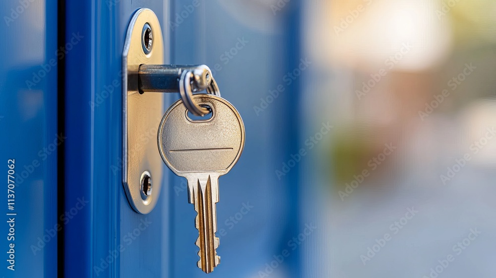 Close-up of a metal key inserted into a blue door lock, symbolizing security and access. Close-up of a metal key inserted into a blue door lock, symbolizing security and access.