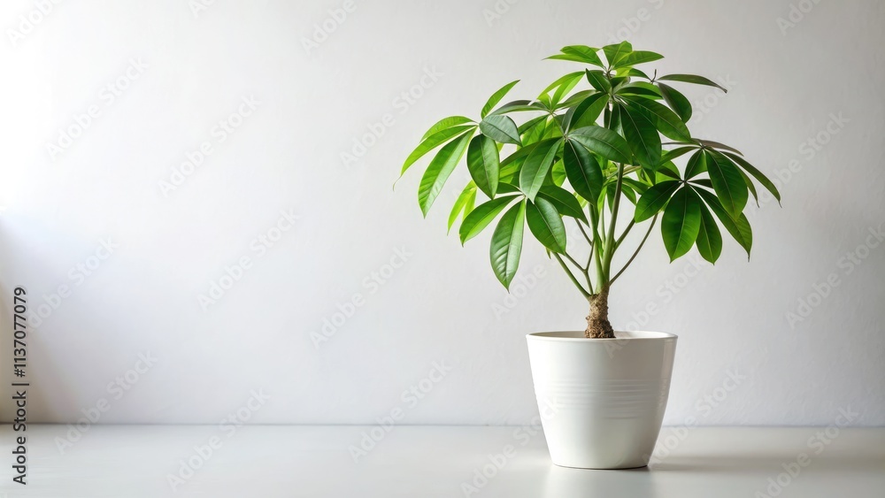 Obraz premium Isolated Guiana Chestnut Money Tree. Simple white pot, minimalist aesthetic. Stock photo ready for your project.