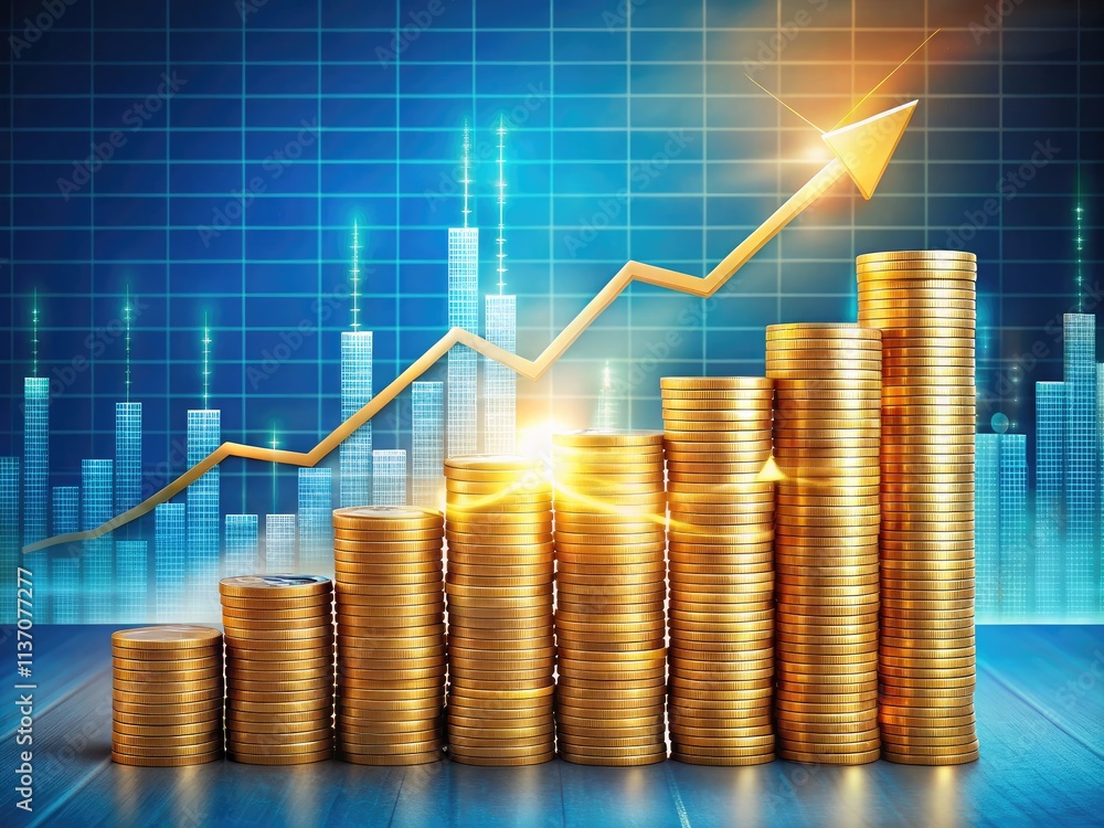 Panoramic view: a towering coin stack climbs a soaring investment graph, depicting remarkable business expansion. Panoramic view: a towering coin stack climbs a soaring investment graph, depicting remarkable business expansion.